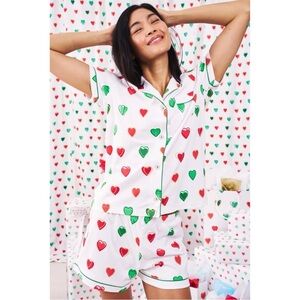 Roller Rabbit Big Holiday Hearts Pajama Short Set Large Green Red Pima Cotton